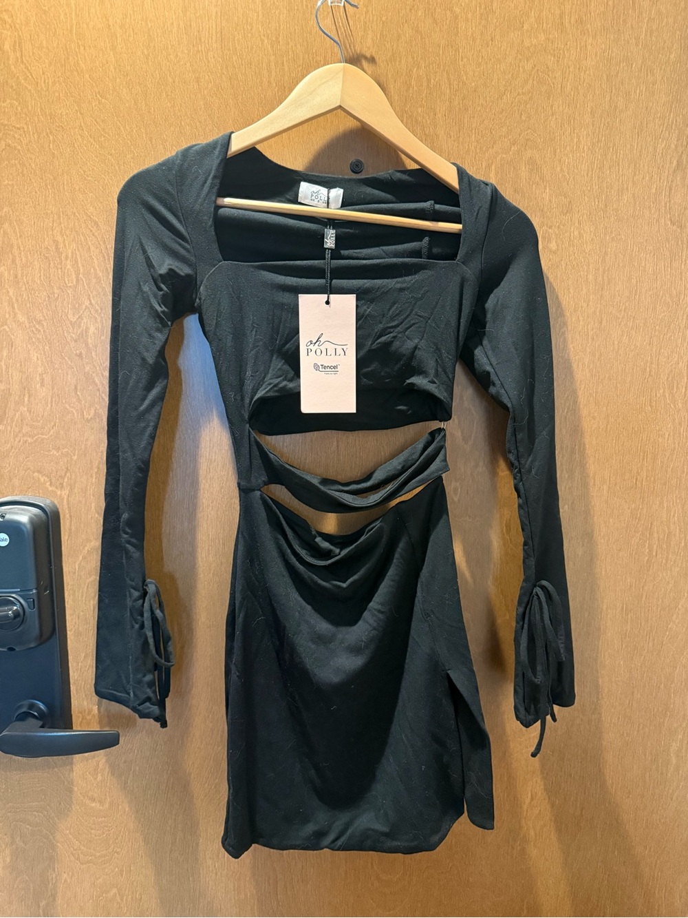 Oh Polly Black Cutout Long-Sleeve Mini Dress with Tie Sleeves